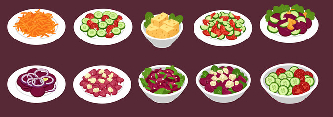 Ten servings of various salads and vegetable preparations on a maroon background