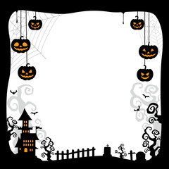 正方形の黒いフレームにハロウィンのイラスト。白背景にベクターイラスト。
