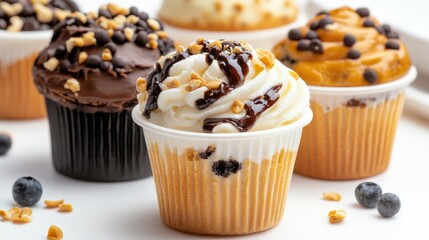 Assorted Gourmet Cupcakes: Chocolate, Vanilla, and Caramel Toppings with Nuts and Berries, Perfect for Dessert and Sweet Treats