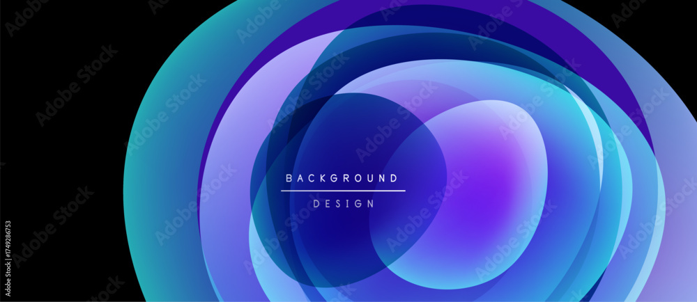Poster abstract layers create dynamic visual effect. blue, purple hues blend, forming circular design. text