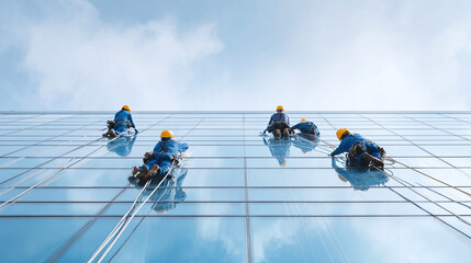 Workers cleaning a skyscrapers glass facade. Safety, teamwork, and skill. Modern architecture maintenance. Business, construction, and urban themes.