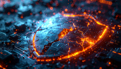 Digital Shield: A striking visual depicting a cracked shield, illuminated by an ethereal orange glow, symbolizes the fragility of digital security in a rapidly evolving technological landscape. 