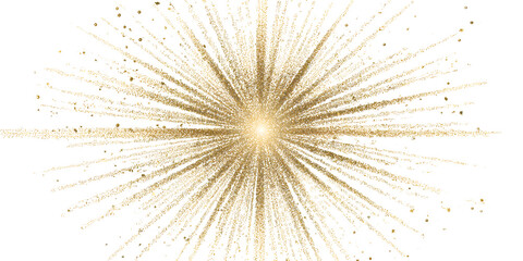 A burst of golden glitter and confetti exploding outwards from a central point, creating a dynamic and celebratory effect on a transparent background
