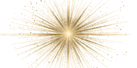 A burst of golden glitter and confetti exploding outwards from a central point, creating a dynamic and celebratory effect on a transparent background
