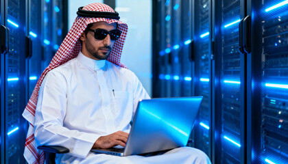 Arab man in traditional clothing working on laptop in modern server room with blue led lights and advanced data technology