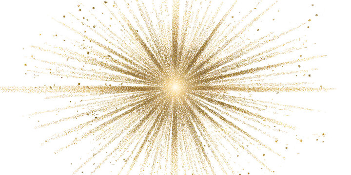 A burst of golden glitter and confetti exploding outwards from a central point, creating a dynamic and celebratory effect on a transparent background