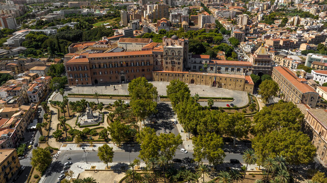 Aerial view of the Palazzo dei Normanni, also known as Royal Palace. It is located in the historic center of Palermo, Sicily, Italy. It is one of the city's most visited monuments and a Heritage Site.