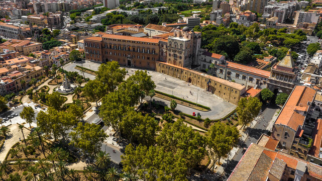 Aerial view of the Palazzo dei Normanni, also known as Royal Palace. It is located in the historic center of Palermo, Sicily, Italy. It is one of the city's most visited monuments and a Heritage Site.