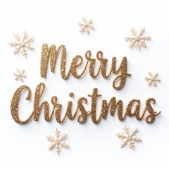 Golden Glitter Merry Christmas Typography with Elegant Snowflakes on White for Winter Holiday Design