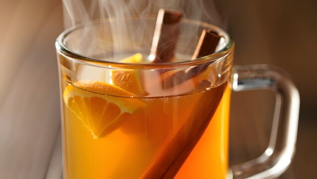 Hot spiced tea with citrus slices in glass mug