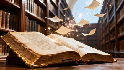 Ancient open book releasing magical glowing pages in grand library with shelves of classic literature and golden decorative details