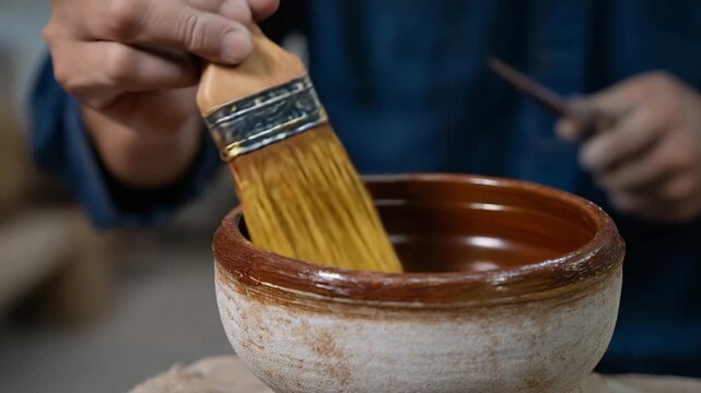 An artisan applies finishing touches to pottery with a brush, embodying craftsmanship, artistry, and tradition in a workspace filled with creative energy.