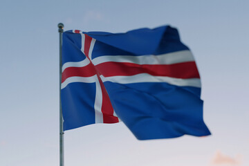 National flag of Iceland waving in the wind against a clear sky, symbolizing patriotism,...