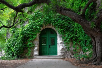 Naklejka premium Green Door in Ivy Covered Wall Under Tree