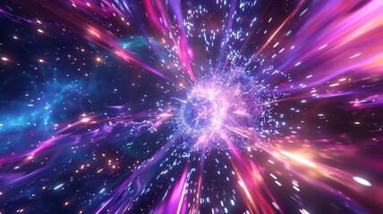Futuristic digital art showing a burst of energy with glowing particles in motion, quantum physics or data flow.