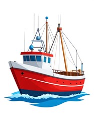 Naklejka premium A brightly colored fishing vessel sails on turquoise water