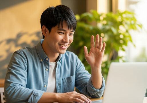 Cheerful young man waving during video call while working remotely from home in a bright, natural light filled environment