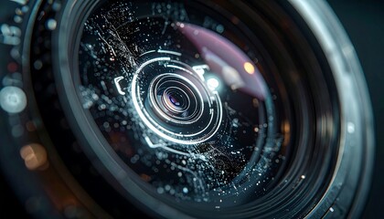 Close-up of a camera lens with intricate glowing digital patterns superimposed on its surface, creating a futuristic aesthetic