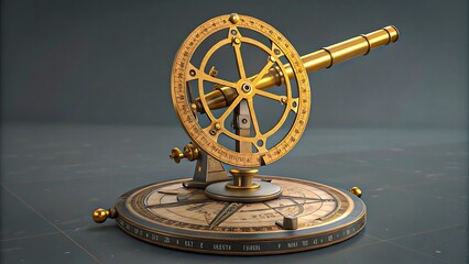 Antique golden telescope and astrolabe on vintage base
