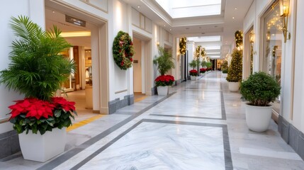 Obraz premium Shopping mall hallway decorating with Christmas holiday poinsettias