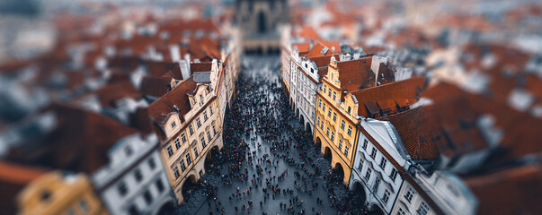 Tiltshift lens shows a busy European city street teeming with people. Ancient architecture, red rooftops, and a sense of bustling urban life. Travel editorial use.