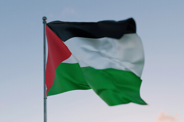 Obraz premium National flag of Palestine waving in the wind against a clear sky, symbolizing patriotism, independence, national pride, and unity. Freedom, creative. Travel, concept