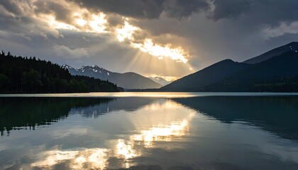 Serene lake reflecting mountains and dramatic clouds at sunset, creating a tranquil natural scene