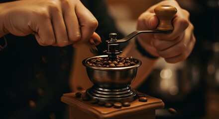 Coffee grinder with roasted beans in hand ready for grinding