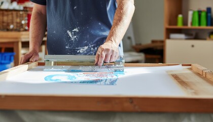 Screen printing with squeegee — manual textile printmaking in small production studio