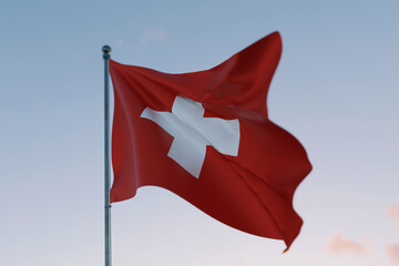 National flag of Switzerland waving in the wind against a clear sky, symbolizing patriotism,...