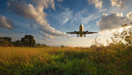 Airplane flies over a field under dramatic, cloudy sky