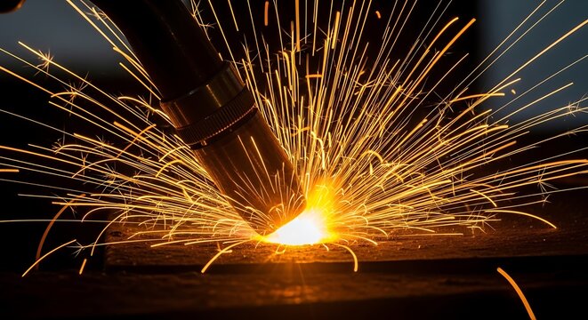 Metal inert gas welding in action with showering sparks creating light