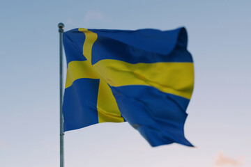 National flag of Sweden waving in the wind against a clear sky, symbolizing patriotism,...