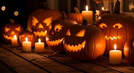 halloween pumpkin with glowing candles in the dark