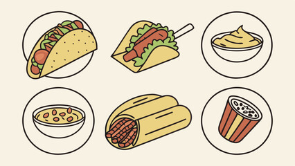 Mexican Street Food Icon Set Tacos Tamales Queso Chili Vector Illustration Fast Food Menu Graphic Design Assets