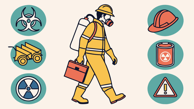 Hazmat Worker In Protective Suit With SCBA Tank And Briefcase Surrounded By Biohazard Radiation And Chemical Safety Warning Symbols