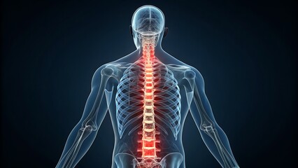 Human spine anatomy with glowing spinal cord
