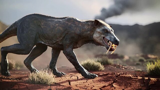 Ultra-Realistic 4K 3D Cinematic Animation: A Gorgonopsid (Permian Saber-Toothed Therapsid) Prowling Across a Cracked, Arid Volcanic Landscape