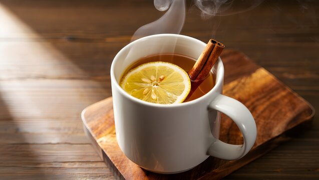 Steaming hot lemon tea with cinnamon stick in cup