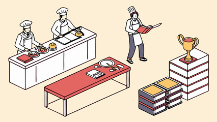 Professional Cooking Competition Chefs Preparing Desserts Judge Evaluating Dishes and Winner Trophy Isometric Design