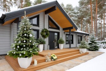 Fototapeta premium Modern house decorated for Christmas during winter season
