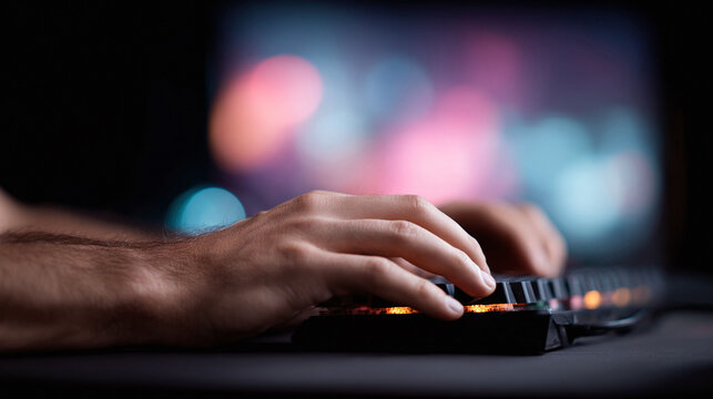 Intense focus. Hands poised over a backlit keyboard, illuminated by the glow of the screen. Ideal for gaming, tech, or coding concepts. Power, speed, skill.