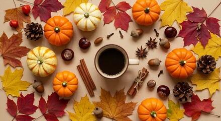 Autumn still life with pumpkin, fruits, and colorful leaves on a rustic wooden table