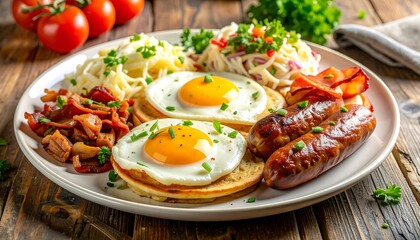 A hearty plate of breakfast food with eggs, bacon, sausage, salad, and a potato-like side dish, and tomatoes, all on a wooden surface