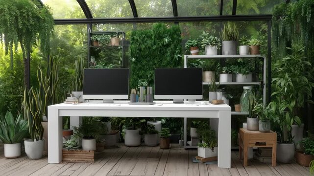 Modern Workspace with Dual Monitors and Lush Greenery in a Sunlit Greenhouse Environment