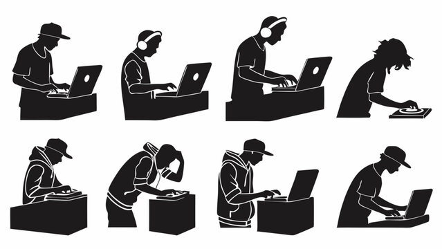 DJ Producing Music with Laptop and Headphones, Electronic Music Production, Creative Workflow, Modern Studio Setup, Energetic Performance, Digital Audio Workstation, Beatmaking, Sound