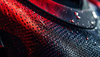 Close-up Macro Shot of Perforated Fabric with Water Droplets Reflecting Red Light