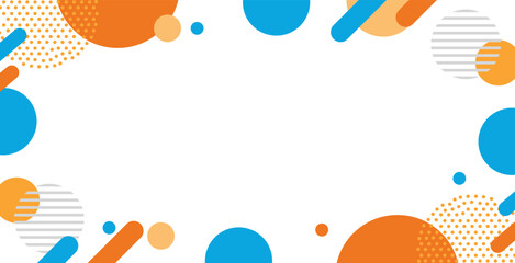 Abstract Geometric Frame Background. Modern Design with Circles, Dashes, Halftone Dots, and Shapes Bordering a White Center in Bright Orange and Teal Blue.