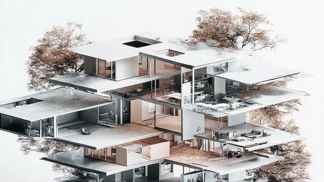 Modern house exploded view showing architecture blueprint design