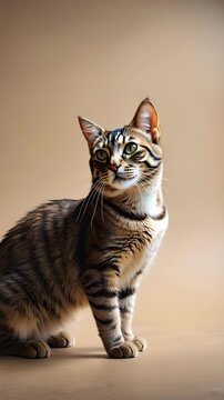 Tabby cat turning head and blinking softly on beige background, realistic feline portrait with smooth cinematic camera movement and warm lighting for animal lovers and pet themed projects